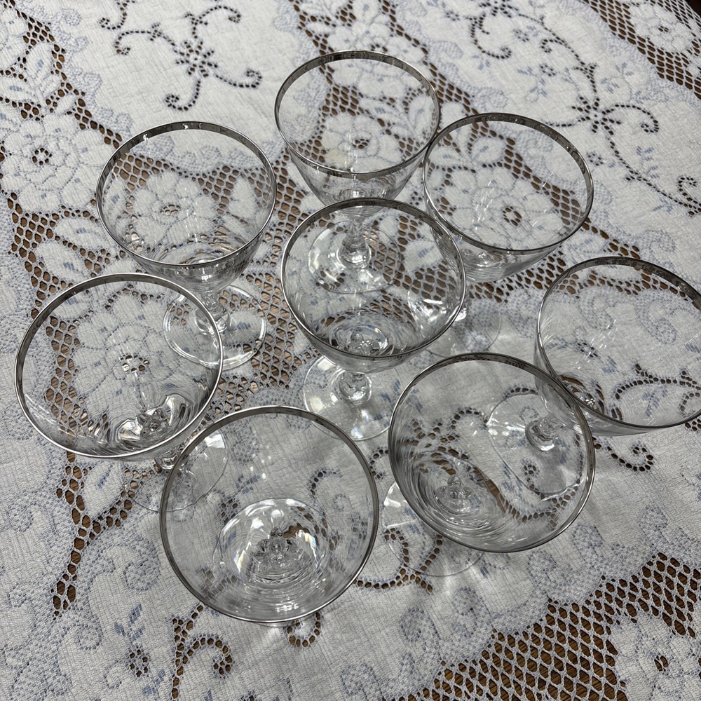 8 Fostoria Platinum Rim Wedding Ring Stemware Wine Glasses Set